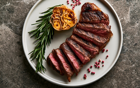 grilled sliced steak and rosemary on white plate, top view