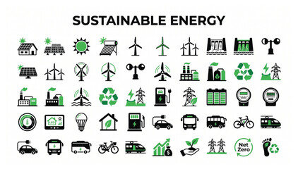 Sustainable energy and green technology flat vector icon pack for environmental solutions with sustainable environment renewable technology conservation electric industry efficiency © Bat
