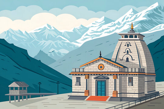 Kedarnath Temple, Uttarakhand, modern vector illustration, limited color palette, temple with Himalayan backdrop, clean geometric forms