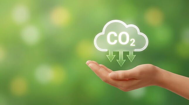 Hand holding glowing cloud symbol with C O2 and downward arrows against green bokeh background carbon dioxide