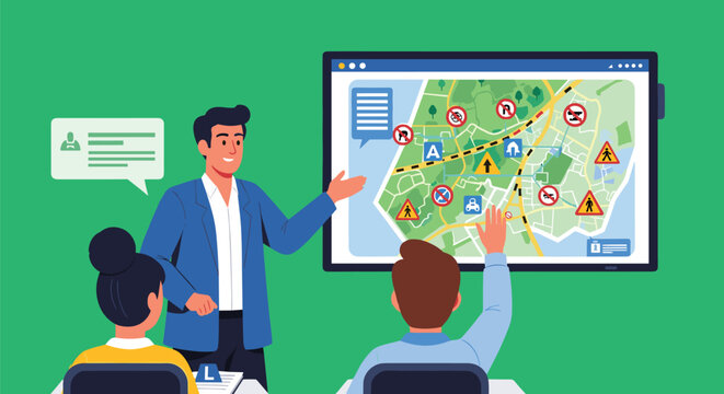 Professional driving instructor teaching a class about traffic rules and navigation using a large digital map and road signs on a screen.