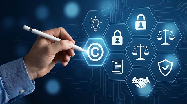 Hand holding stylus interacting with digital copyright law and security on blue circuit board background