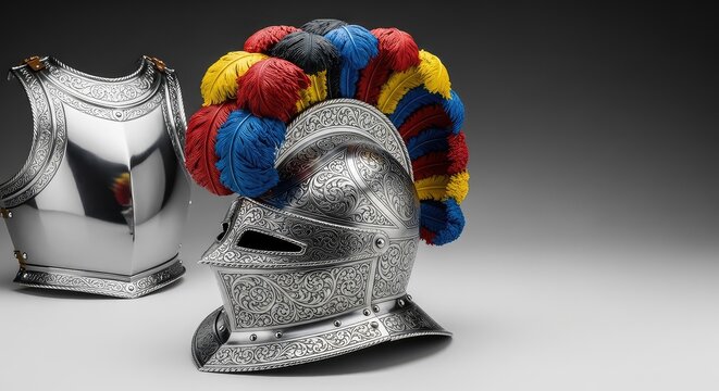 Detailed view of an engraved steel morion helmet with vibrant feathers and polished plate armor, reflecting high-quality craftsmanship, silver, knightly, ornate