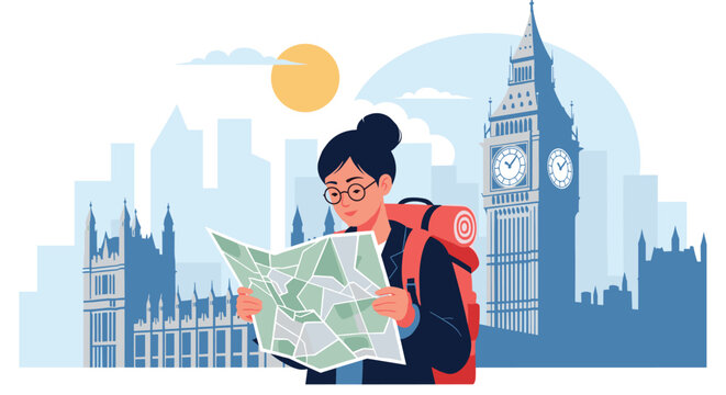 Young female traveler with a large backpack stands in front of Big Ben in London while carefully studying a paper map to find her way.