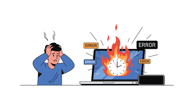Stressed office worker panics as his laptop screen displays multiple error messages and bursts into flames during a busy day.