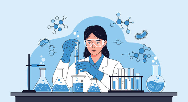 Professional female scientist in safety goggles works with chemical solutions and glass equipment in a high-tech laboratory.