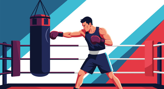 Determined boxer in a dark athletic outfit practices powerful punches on a heavy bag inside a brightly colored boxing ring.