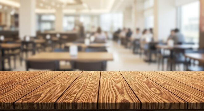 Empty textured wooden table top provides a perfect surface for product display with a blurred cafeteria background showing some tables, texture, kitchen, cafe
