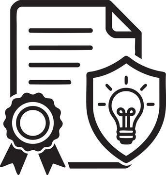Vector icon illustrating intellectual property protection featuring a document shield with a lightbulb and an official seal perfect for patent copyright and innovation concepts