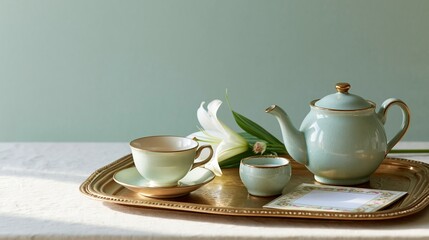Fototapeta premium Elegant tea set with white lily flower
