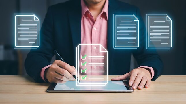 Man using stylus on tablet with digital documents and checkmarks floating above hand