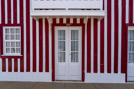 Views of the vibrant striped houses of Costa Nova, Portugal