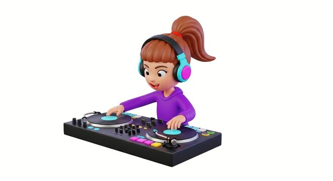 A cartoon girl with a ponytail and headphones operating a DJ turntable