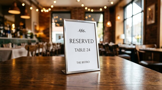 Reserved table sign on wooden table in dimly lit restaurant with bokeh lights table number