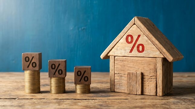 Wooden house with percentage symbols on roof and blocks on coins on wooden table