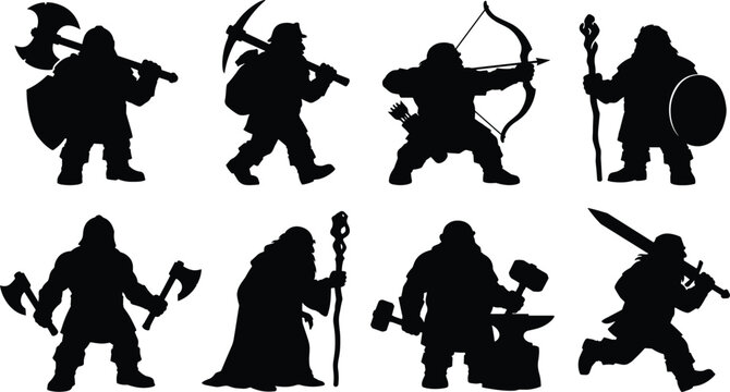 Fantasy Dwarf Warrior Archer Mage and Blacksmith Silhouette Character Set