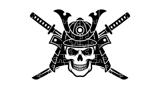 A black and white illustration of a skull wearing a traditional warrior helmet with crossed swords