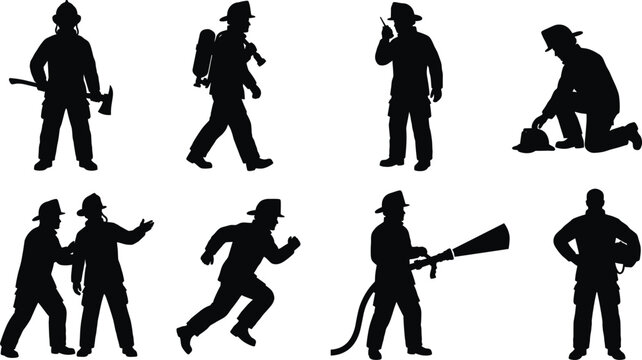 Firefighter and Rescue Worker Silhouette Collection Vector Set for Emergency Service Design