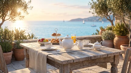 Fototapeta premium Rustic wooden table set for a luxurious breakfast or afternoon tea on a sun-drenched Mediterranean terrace overlooking the sparkling sea with sailboats