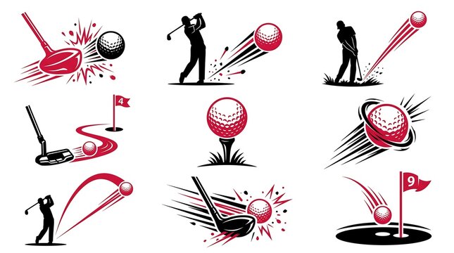 Collection of golf icons and symbols in red and black on white background