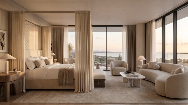 Luxurious modern bedroom and living area with a canopy bed and elegant curved sofa featuring large windows overlooking a serene ocean view at sunset ideal for high-end interior design concepts