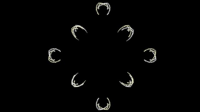 Shining Golden and White Particle Ballets Forming Luxury Kaleidoscope Patterns, on Black Screen, Golden Starlight Trails Creating Enchanted Geometric Shapes, Sparkle Swirls Creating Ornamental Lights