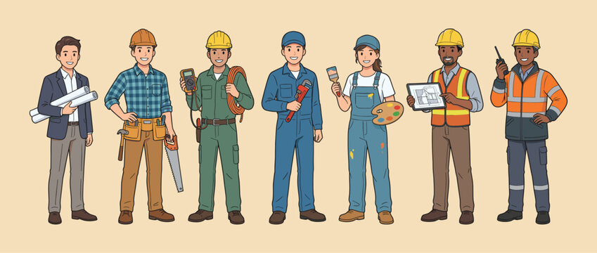 Diverse construction and skilled trades professionals including architect, carpenter, electrician, plumber, painter, site manager, foreman