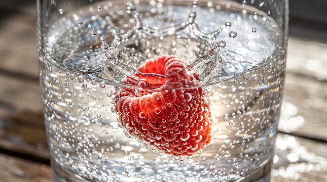 Ultra-realistic macro photograph of a fresh red strawberry splashing into a clear glass of water.