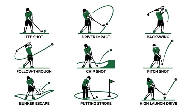 Vector illustration of various golf swings and shots on white background