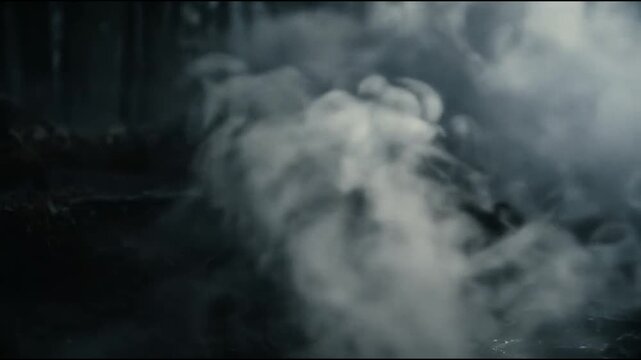 Dense atmospheric white smoke on black background.