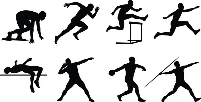 Track and Field Athletics Silhouette Set with Running Jumping and Throwing Events