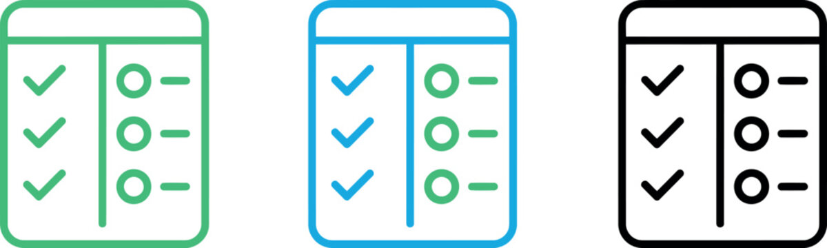 Checklist icon set showing task list completion status symbols for project management and planning. Vector illustration