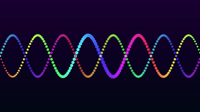 Abstract rainbow sine wave animation: colorful pulsing dots rhythm and digital data flow motion 4k background