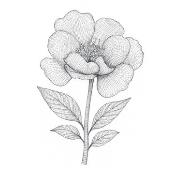 Detailed Wireframe Drawing of a Rose with Stem and Leaves