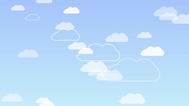 Animated blue sky animation 4k background, with floating white, clouds and minimalist, outline for motion