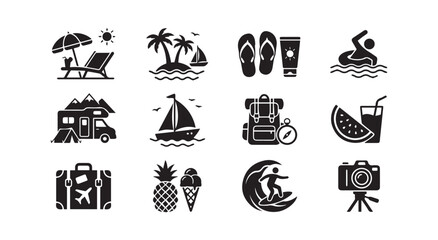 Summer travel and vacation icon collection for tourism branding and seasonal design on white background © Asim