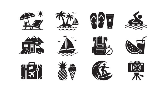Summer travel and vacation icon collection for tourism branding and seasonal design on white background