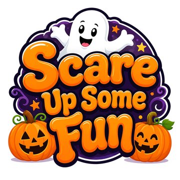 Cute Halloween ghost and pumpkin badge with text 'Scare Up Some Fun' on purple background