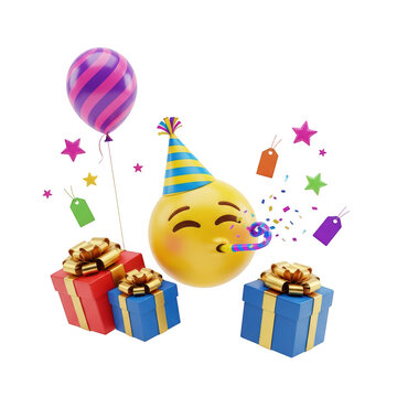 Celebration with balloons, gifts, and a joyful emoji face isolated on transparent background