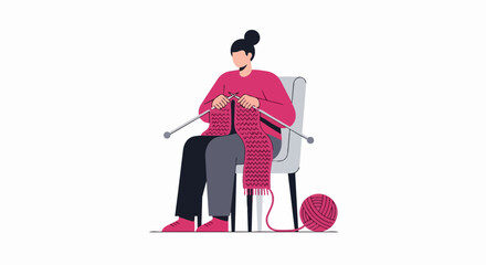 Naklejka premium Woman Knitting a Pink Scarf While Sitting in a Chair - Vector Illustration of a Creative Hobby and Handmade Crafting Concept for Wellness and Leisure