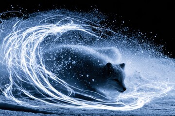 Obraz premium An arctic fox pounces into a snowbank, creating a glow around its body while snow particles drift under a dark background.