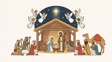 Naklejka premium Nativity scene with manger, holy family, wise men, angels, and star, minimalist composition highlighting Christian tradition and symbolic storytelling.