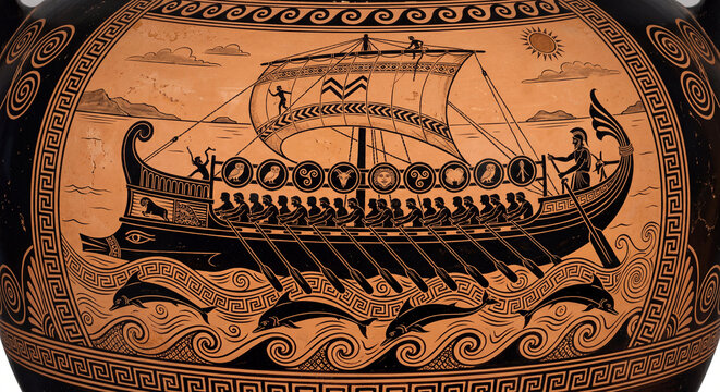 Ancient Greek Trireme Sailing Across Stylized Sea Waves Artwork, wall art decor, Classical Maritime Ceramic Painting
