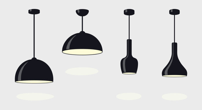 Modern set of black pendant lamps in various shapes and designs hanging against a neutral gray background for interior decor.