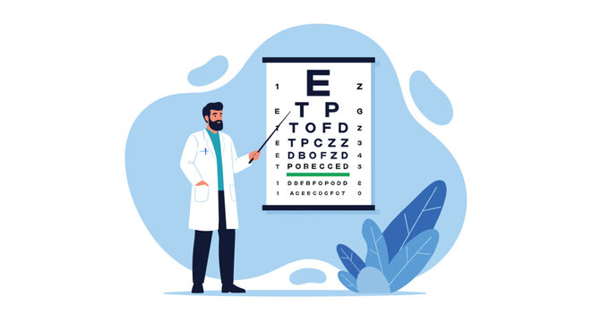 Medical eye examination with a male ophthalmologist in a white coat pointing at a Snellen vision chart with a wooden stick.