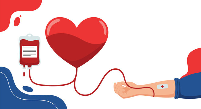 Blood donation concept illustration with a red heart connected to a blood bag and a donor arm receiving a medical procedure.