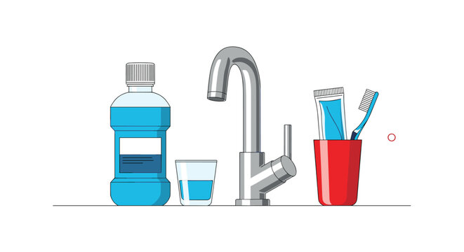 Mouthwash bottle and glass next to bathroom faucet with toothbrush and toothpaste in red cup for daily oral hygiene and dental care routine.
