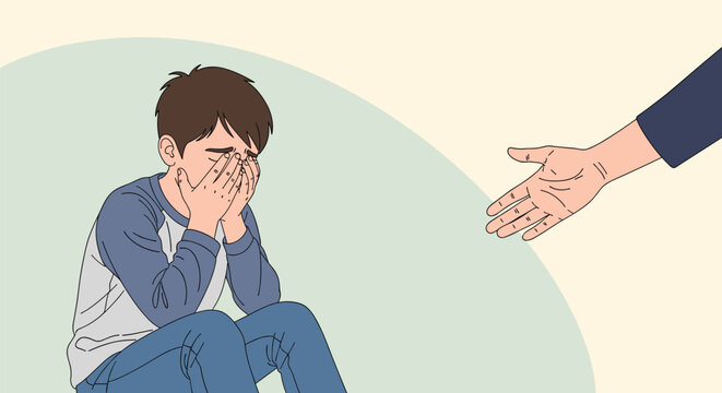 Crying boy sitting on ground receiving offering of helping hand from adult for comfort and support in difficult emotional situation at home.