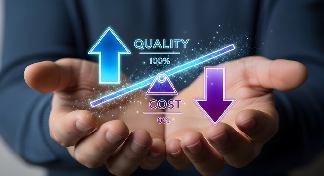 Business hands showing quality increase and cost reduction as PNG cutout