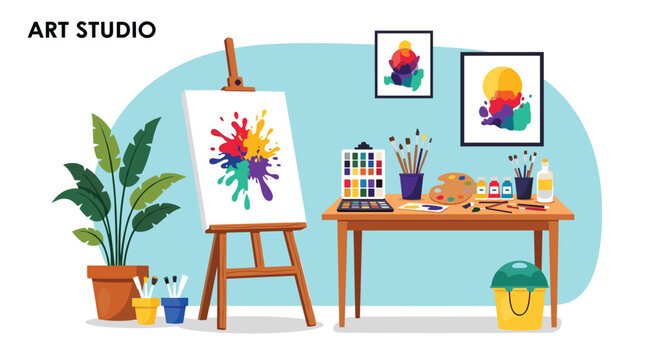 Creative art studio interior featuring a wooden easel with a colorful paint splash, a desk full of supplies, and framed abstract paintings.
